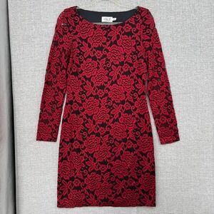Eliza J Lace Sheer Lace Dress Women 8 Red Black Floral Long Sleeve Retro Goth
